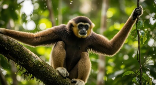 A spider monkey sitting on a tree branch in a forest with green leaves and holding a vine with its r