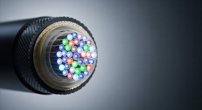 Detailed cross-section of illuminated fiber optic cable with colorful cores and protective layers, macro technology detail