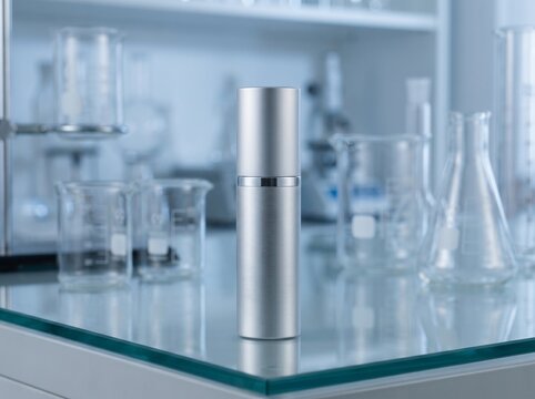 A mockup of a silver skincare product bottle stands on a glass surface surrounded by laboratory equipment and glassware in a science lab setting.