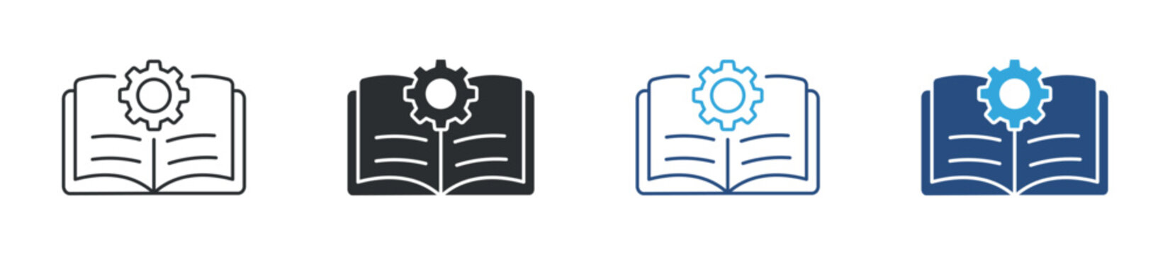 Technical documentation icon set. open book with gear symbol. knowledge base and engineering concept. vector illustration.