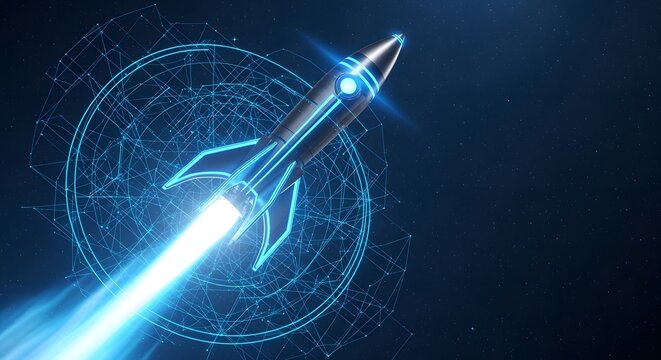 Launching space rocket with digital interface graphics and glowing trail representing innovation and rapid growth