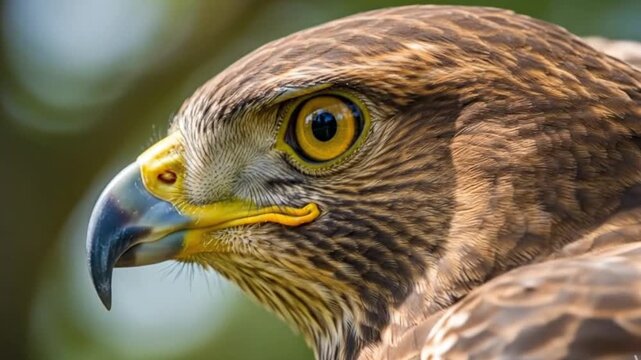 Closeup of a brown hawks head with yellow eyes and sharp beak