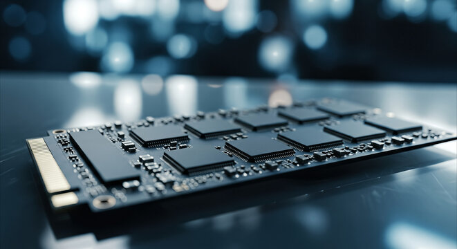 Macro view of a computer SSD drive's circuit board with flash memory chips, highlighting technology and data storage.