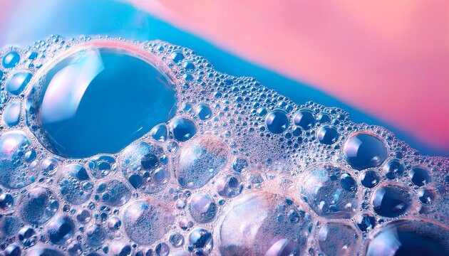 macro photo of bubbles in water pink and blue background with foam made of soap shampoo lotion detergent banner with copy space for laundry and cleaning services beauty skin care spa concept