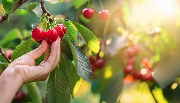 hand picking a ripe red cherry from a tree branch fresh organic fruit harvest in a summer garden panoramic banner