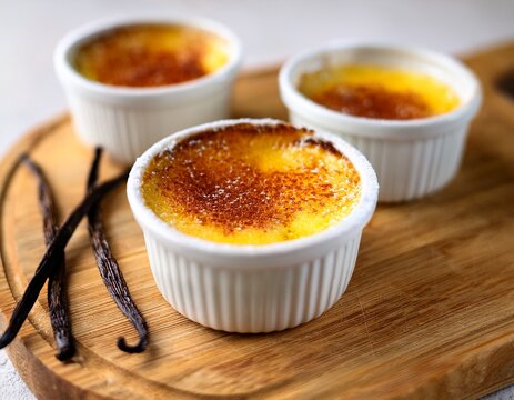 delicious creme br l e dessert in white ramekins on wooden board sprinkled with sugar and vanilla representing gourmet indulgent and sweet culinary delights for restaurant bakery or food blog