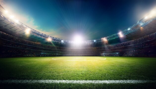 football stadium with spotlight spot on the green grass feilds full of attendance football match