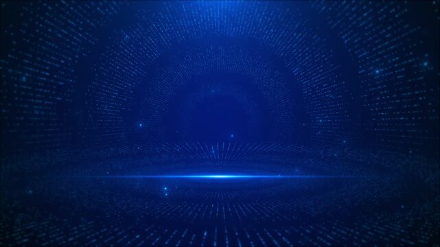 Blue digital data tunnel glowing dot patterns, grid perspective, central light flare immersive futuristic space. technology videos, data visualization, cyber scenes, AI backgrounds, cinematic intros