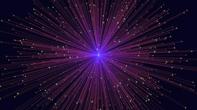 Futuristic abstract footage of a radiant particle explosion with neon streaks and floating dots on a dark background, ideal for technology, science, and data visuals