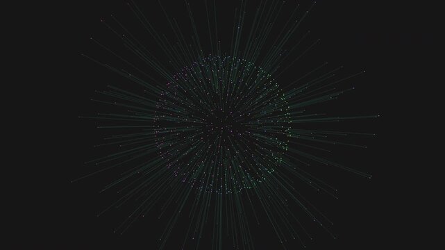 Futuristic abstract sphere made of glowing particles and radial light streaks on a dark background, ideal for technology, data visualization, sci fi, and motion design