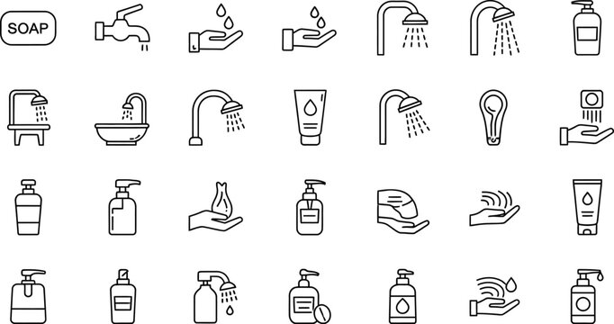 Hygiene and sanitation icons handwashing soap and cleanliness essentials