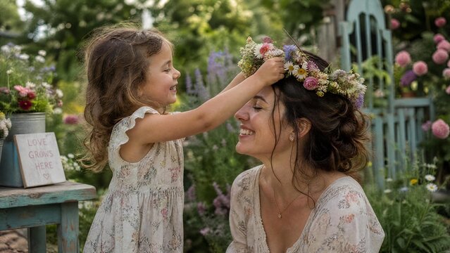 Mother and daughter in garden, daughter places flower crown on mother's head, joyful moment