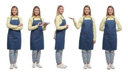Fototapeta premium Woman wearing blue denim apron on white background. Collection of portraits
