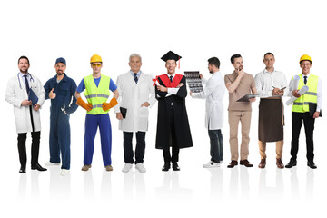Obraz premium Graduate student and men of various professions on white background. Career choice