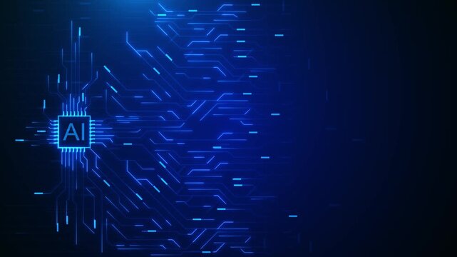 Blue AI chip circuit lines glow digital space futuristic motion, structure, advanced technology style. artificial intelligence videos, software promos, innovation content, data visuals, tech intros.