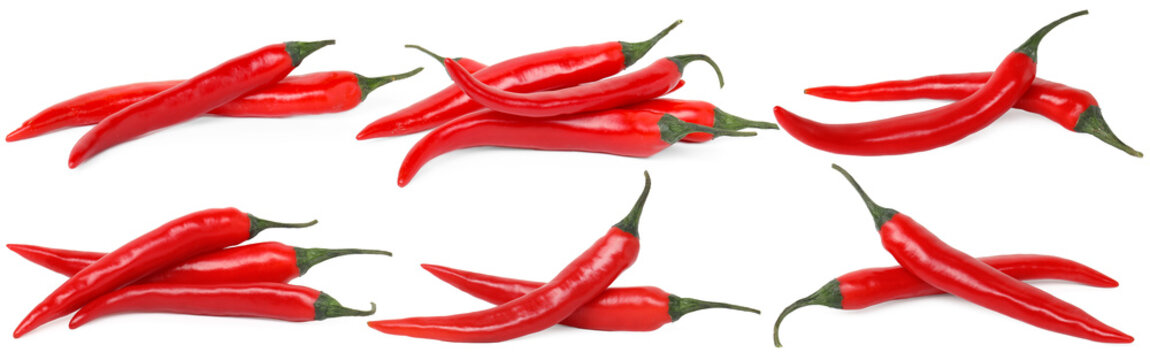 Fresh red chili peppers isolated on white, set