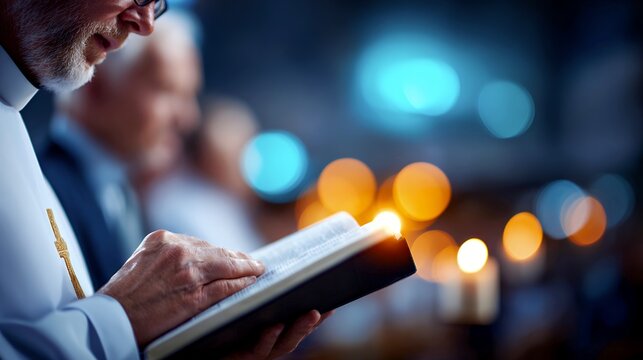 Close-up of priest reading the Bible during a church service