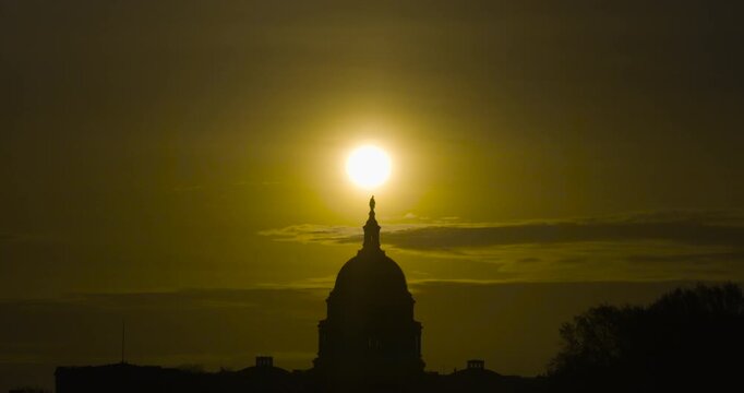 US Capitol Dome with Morning Sun Symmetrically Positioned Overhead