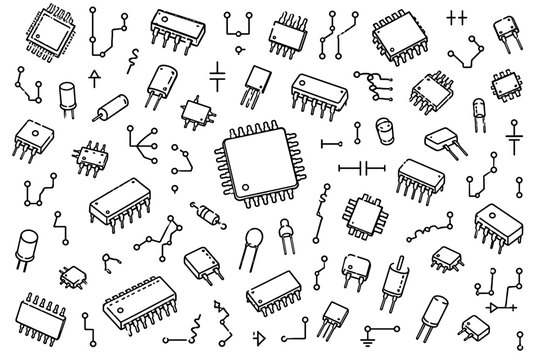 Black and white electronics schematic vector background with microchips components circuit elements and clean technical line art in minimalist modern composition