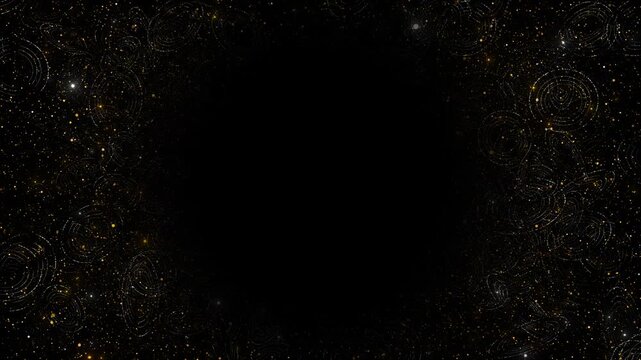 Gold particle border frames black center elegant sparkle, circular dust patterns, premium contrast for luxury titles, award intros, wedding videos, festive promos, event screens, cinematic overlays.