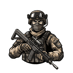 Naklejka premium Intense Tactical Soldier with Assault Rifle Illustration.
