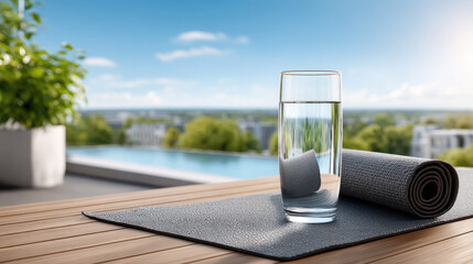 Obraz premium Glass of water and a rolled yoga mat on a modern rooftop terrace overlooking a city skyline, promoting wellness, hydration, and a healthy summer lifestyle