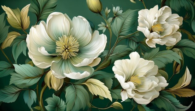 classic green floral wallpaper featuring white flowers in vintage style background