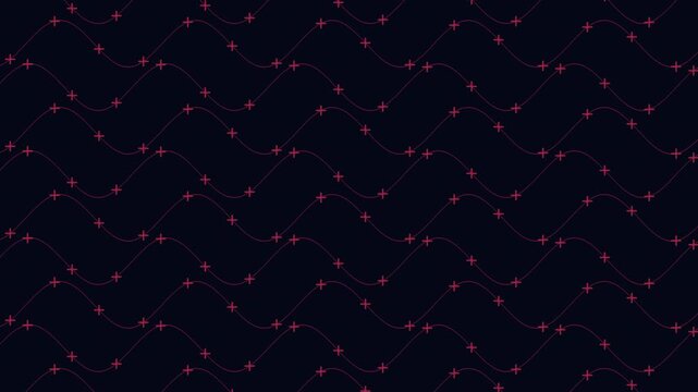Seamless abstract geometric background footage with wavy lines and small pink cross marks on dark navy. Minimal modern pattern for motion design, tech themes, and titles