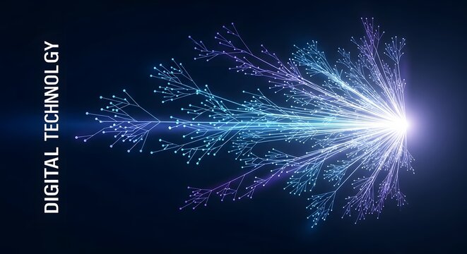 Dynamic burst of colorful glowing particles emanating from a central light source, representing digital technology