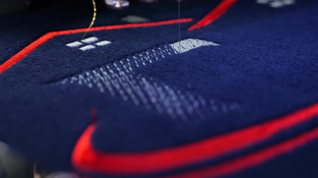 Machine embroidery on a black fleece blouse with red and grey thread. House roof embroidery. Selective focus close-up.