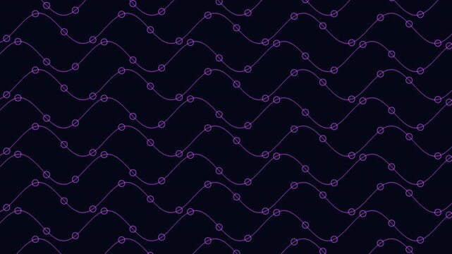 Abstract animated background with repeating purple sine waves and connected circle nodes on dark navy backdrop, ideal for technology, data, and modern design visuals