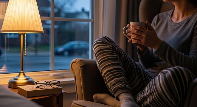Woman relaxing in a cozy armchair by the window, enjoying a warm drink. Peaceful evening contemplation and self-care at home.