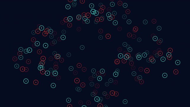 Futuristic abstract footage of neon circles and particles drifting across a dark blue background, suggesting digital data flow, network connections, analytics, and technology