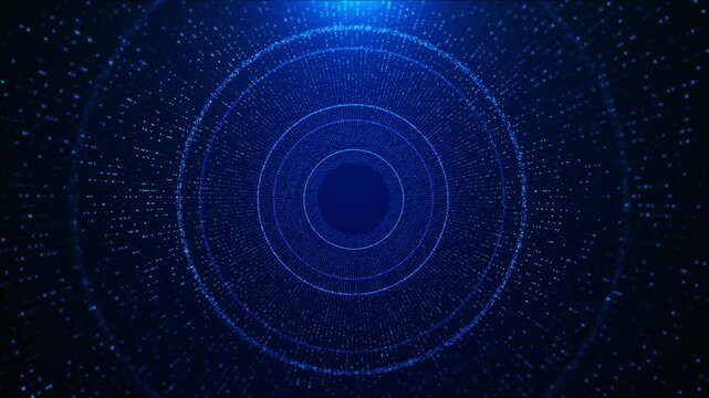 Blue digital circle particle tunnel deep radial look glowing dotted rings dark center for technology intros, AI videos, cyber visuals, data presentations, software promos, and futuristic backgrounds.
