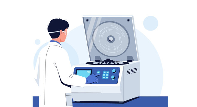 Scientist operating a centrifuge machine in a laboratory setting, medical research concept.