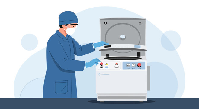 Scientist operating a laboratory centrifuge for sample separation in a medical research setting