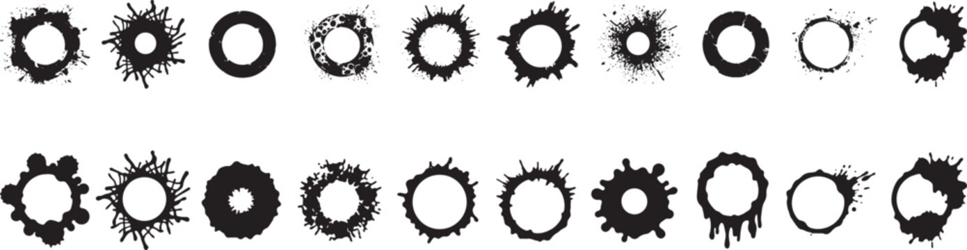 Black ink splash circle frames mega set grunge paint splatter rings collection abstract round shapes isolated on white background