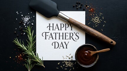 Happy Fathers Day culinary theme with spatula spices and sauce on dark fathers day, happy fathers day