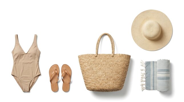 Beach Fashion: Beige Swimsuit and Summer Accessories Flat Lay