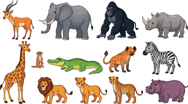 African Wildlife Animal Set with Giraffes, Lions, Elephants, Rhinos, Zebras, and More, Colorful Animal Illustrations for Kids, Education, and Nature Designs