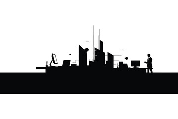Fototapeta premium Modern office silhouette a busy workspace with people and technology