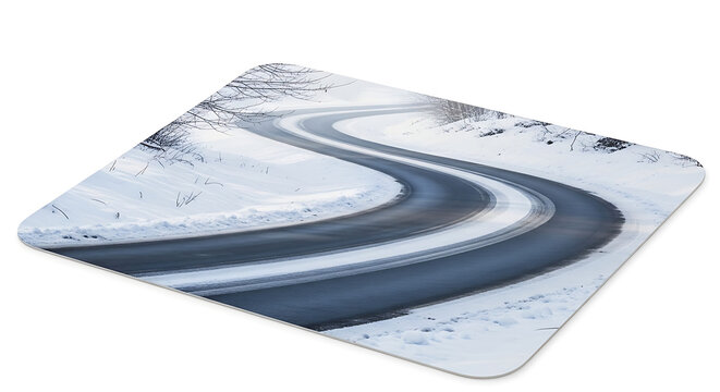 Curving asphalt road through snowy landscape with tire tracks, winter journey, travel and destination concept