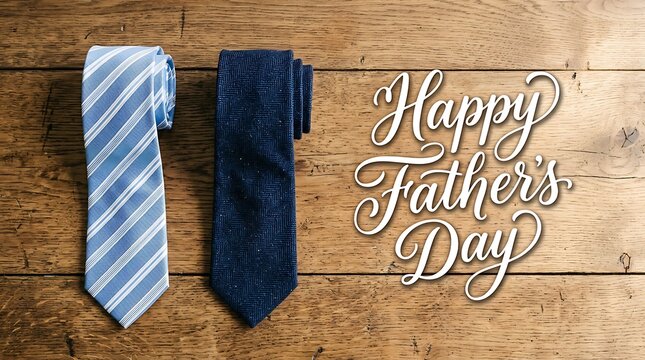 Two folded ties blue striped and dark blue herringbone with Happy Fathers Day text Fathers Day, ties, neckties