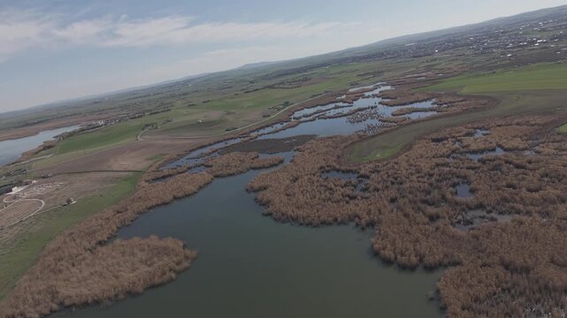 Aerial Drone View of Mogan Wetland Lake in G&ouml;lbaşı, Ankara &ndash; Where City, Nature and Marshland Meet in a Cinematic Landscape of Turkey