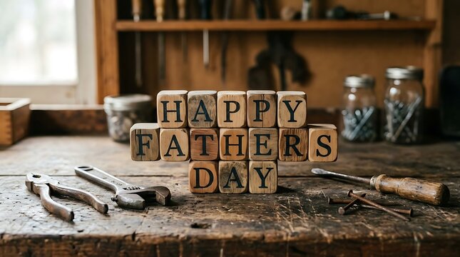 Wooden Blocks Spell Happy Fathers Day on a Workbench with Tools and Jars Fathers Day, wooden blocks, workbench