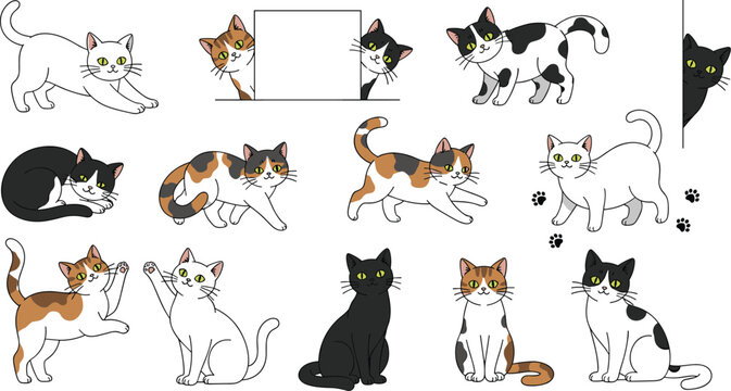 Cartoon cat collection, playful feline artwork, cute pet icons, animal behavior graphics, adorable cat illustration, flat vector illustration