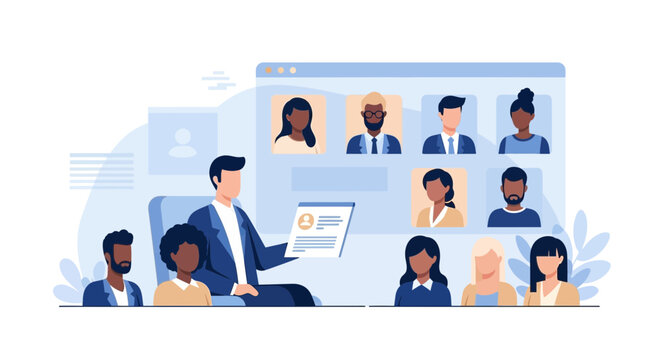 Online meeting with diverse team, video conference, remote work, business communication, teamwork