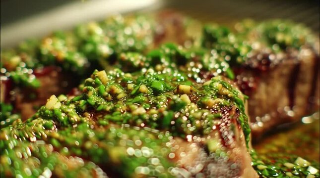 Macro shot of traditional Brazilian barbecue steak being topped with fresh chimichurri, capturing the rich textures of salt, herbs, and seared meat.