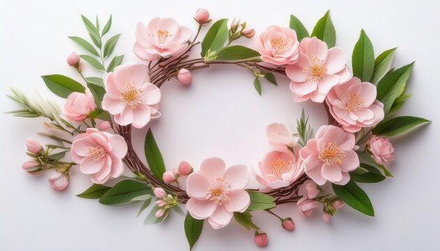 delicate floral wreath with pink blossoms and green leaves on white background