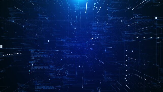 Blue code world map background moves glowing data points, digital streaks, cyber depth for software programming visuals, security promos, AI content, global network presentations, and tech intros.